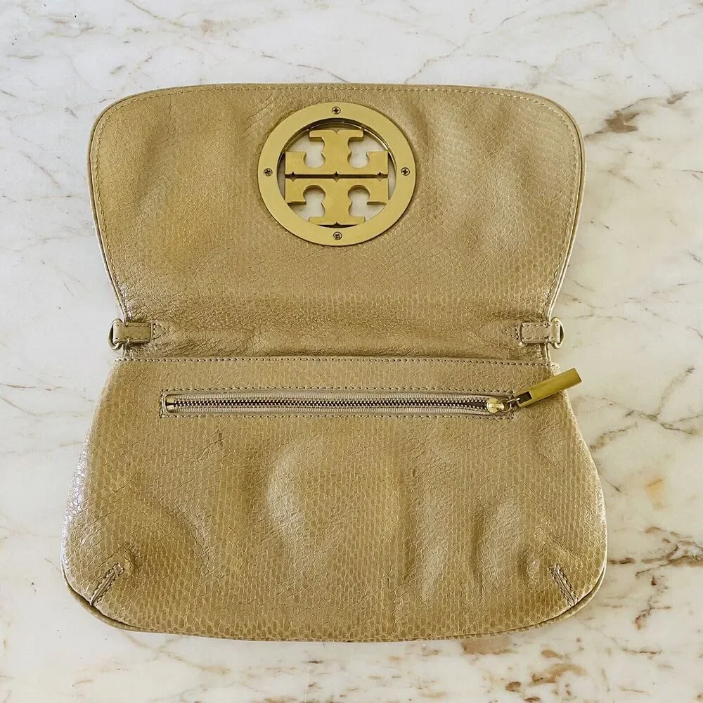 TORY BURCH Solid Tan Leather Clutch Bag Purse Large Logo